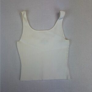 Quince Women Cropped Square Neck Ribbed Knit Tank White Sleeved Top Small Basic